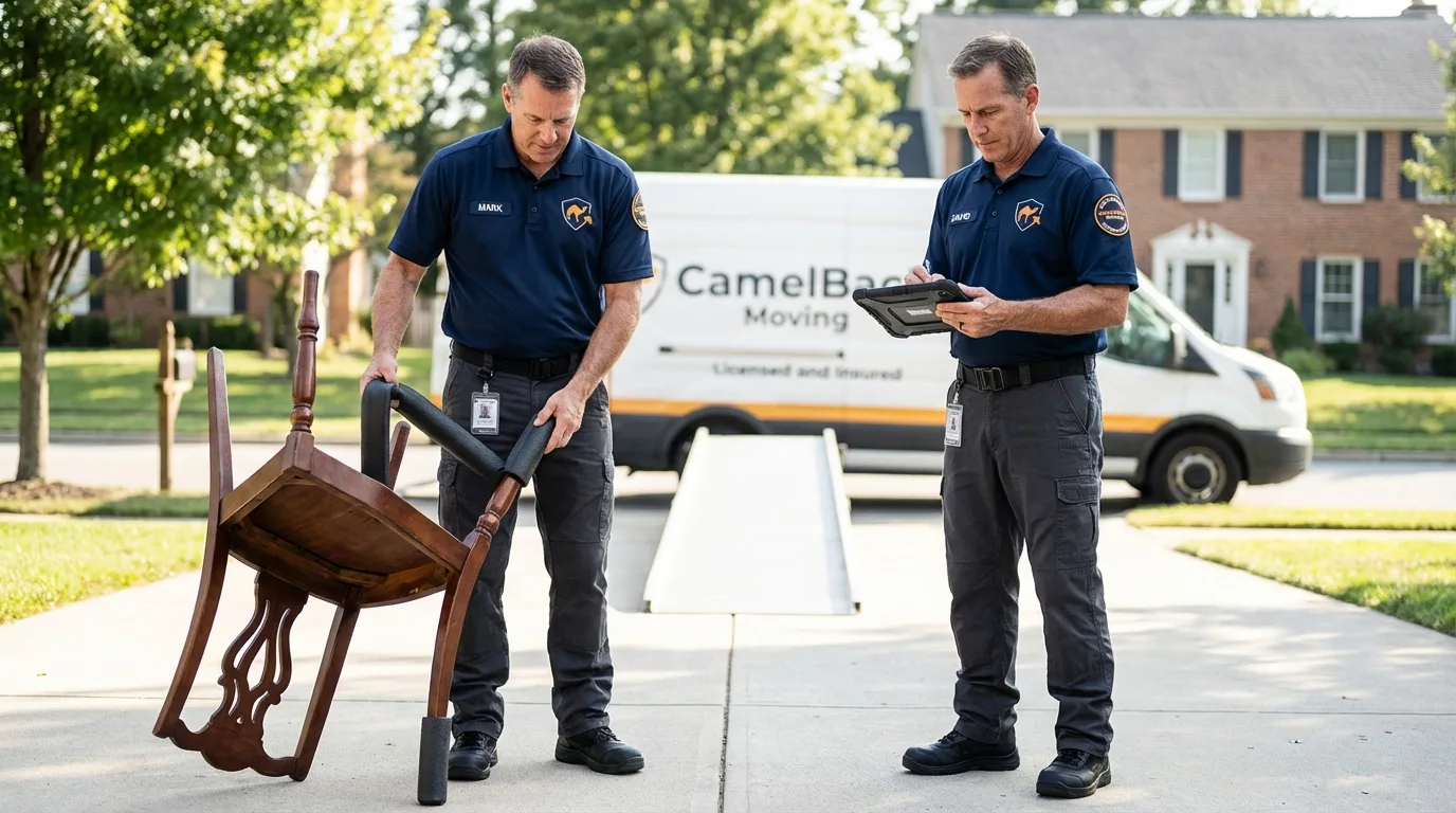Movers inspecting furniture for damage prevention before loading in Ferndale, WA