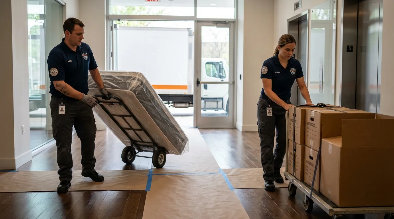 Professional apartment movers loading elevator in Ferndale, WA